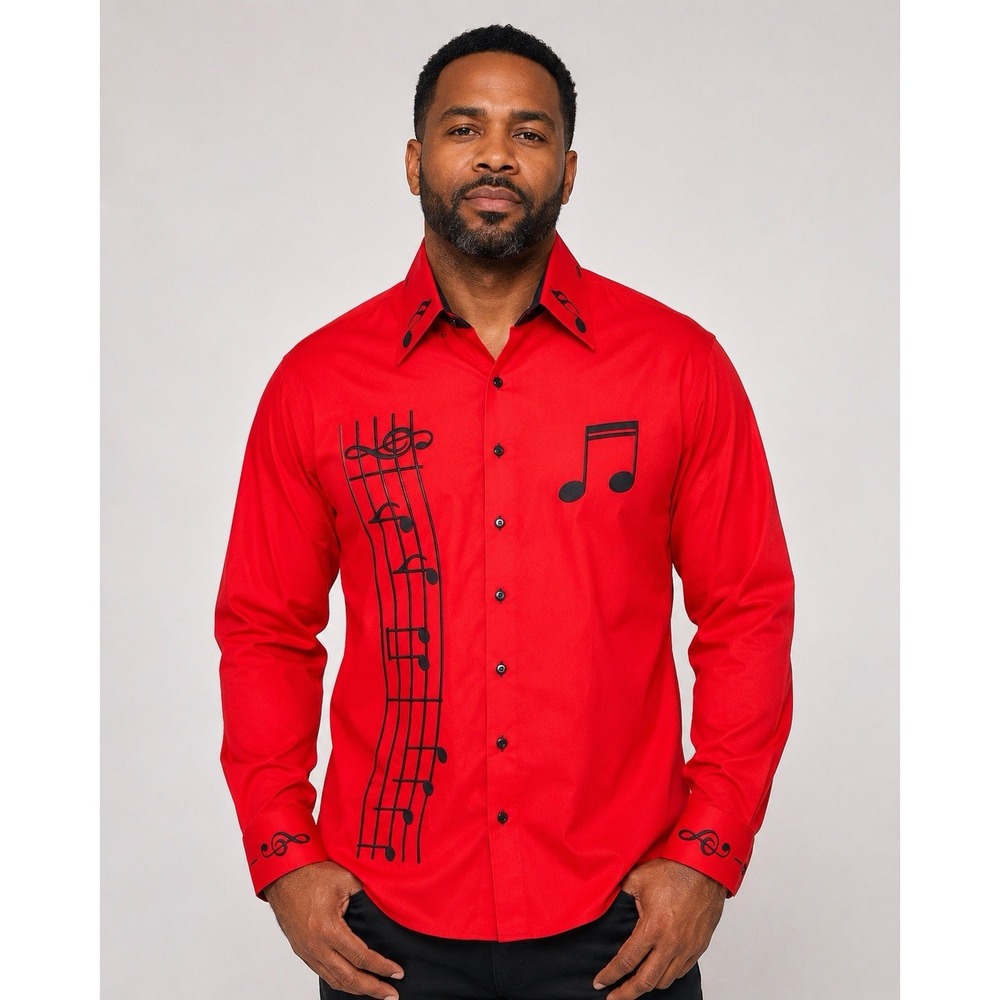 AXXESS Men's 2XL Red Black Musical Notes Embroidered Button Up Shirt